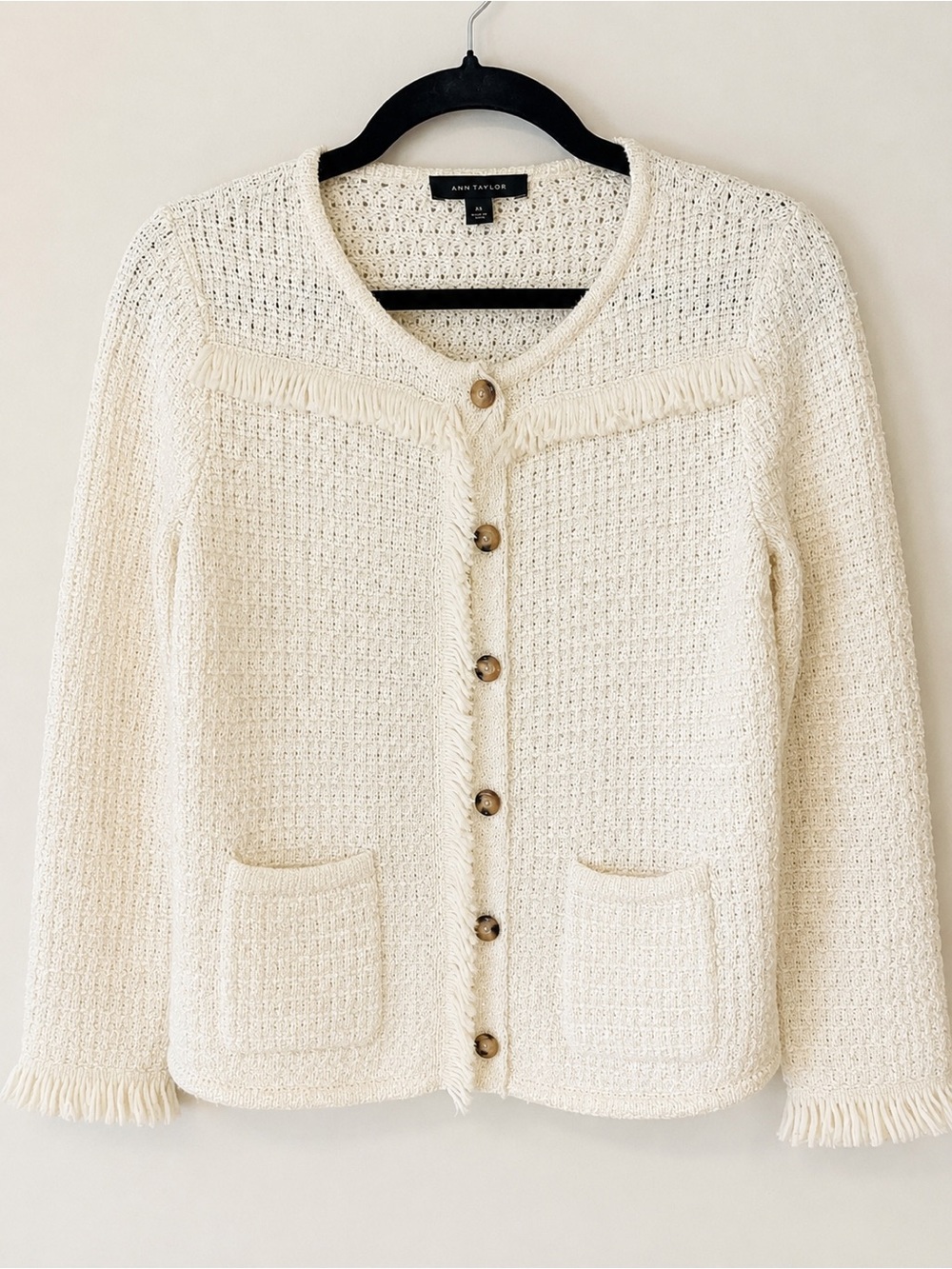 Ann Taylor Ivory Tweed Fringe Lady Jacket Sweater XS